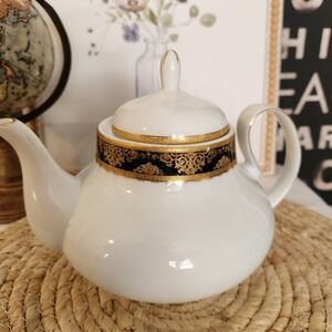 70s Pegasus Fine Porcelain Teapot White Gold Black Floral Trim Elegant Serving